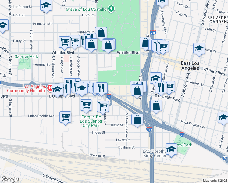 map of restaurants, bars, coffee shops, grocery stores, and more near 1136 South Brannick Avenue in Los Angeles