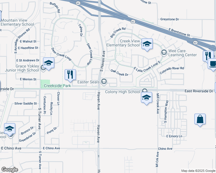 map of restaurants, bars, coffee shops, grocery stores, and more near 2943 South Alder Creek Drive in Ontario