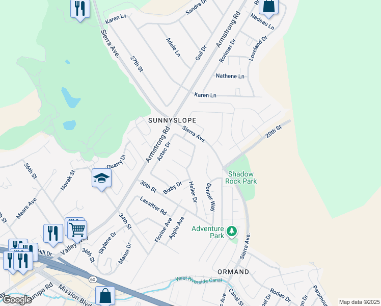 map of restaurants, bars, coffee shops, grocery stores, and more near 6611 Zuma Place in Riverside