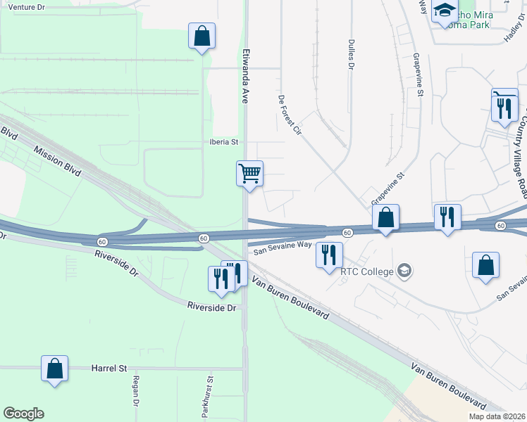 map of restaurants, bars, coffee shops, grocery stores, and more near 3733 Urbana Avenue in Jurupa Valley