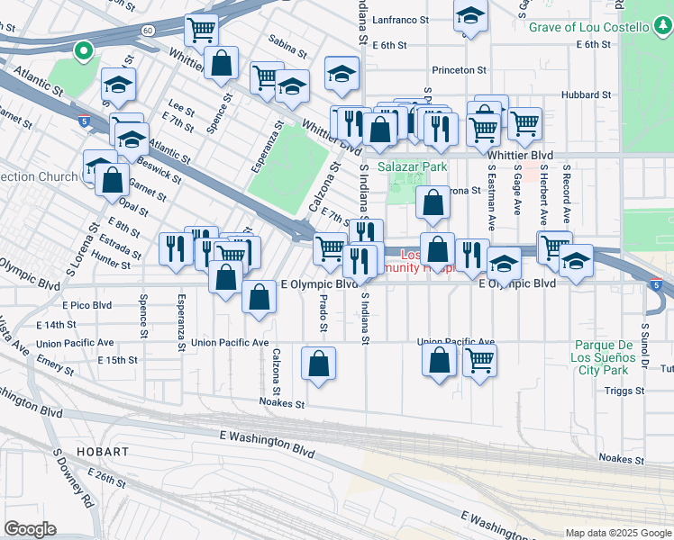 map of restaurants, bars, coffee shops, grocery stores, and more near 1121 La Puerta Street in Los Angeles