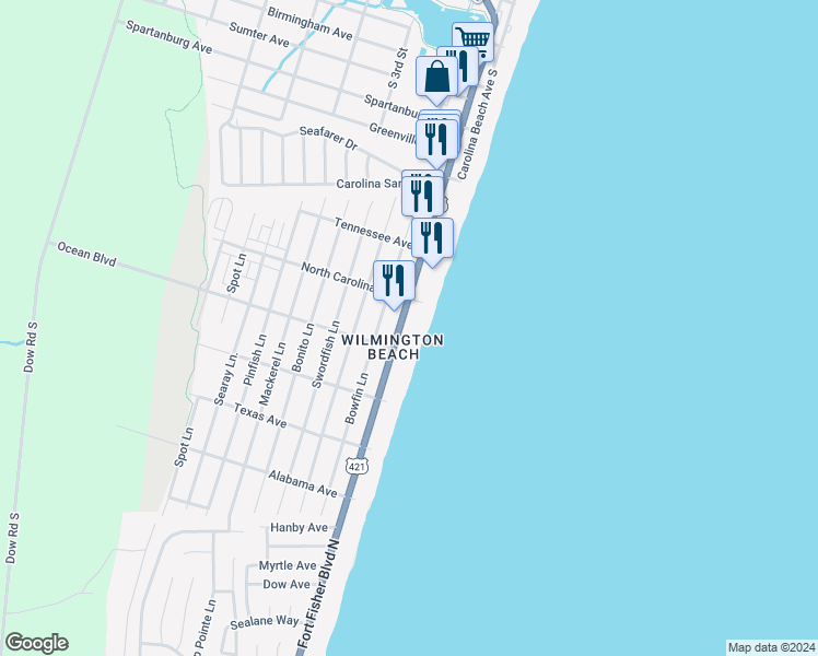 map of restaurants, bars, coffee shops, grocery stores, and more near 1311 Lake Park Boulevard South in Carolina Beach