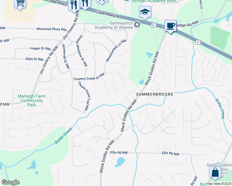 map of restaurants, bars, coffee shops, grocery stores, and more near 2734 Country Creek Way Northwest in Kennesaw