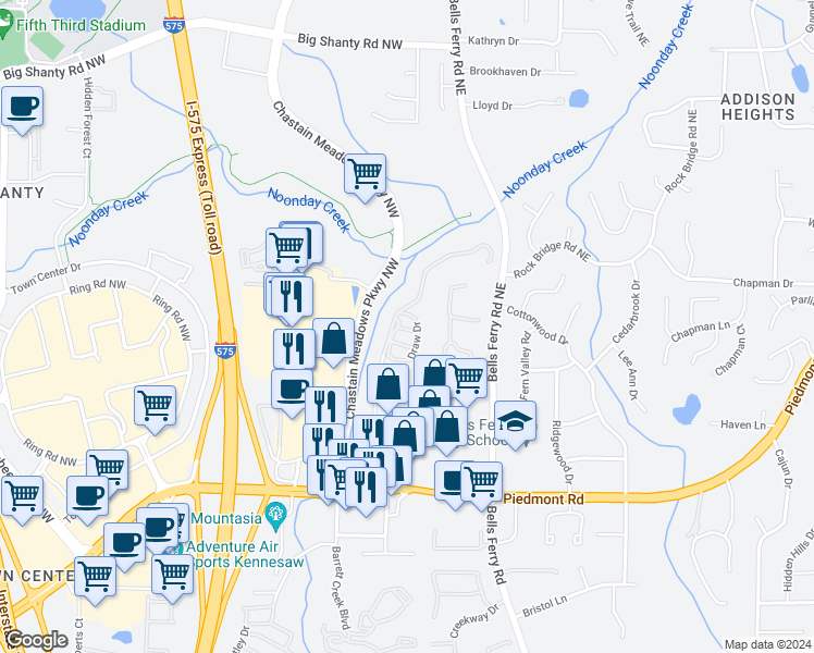 map of restaurants, bars, coffee shops, grocery stores, and more near 52 Lathhouse Lane in Marietta