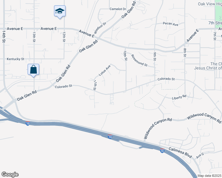 map of restaurants, bars, coffee shops, grocery stores, and more near 12908 Brooks Lane in Yucaipa