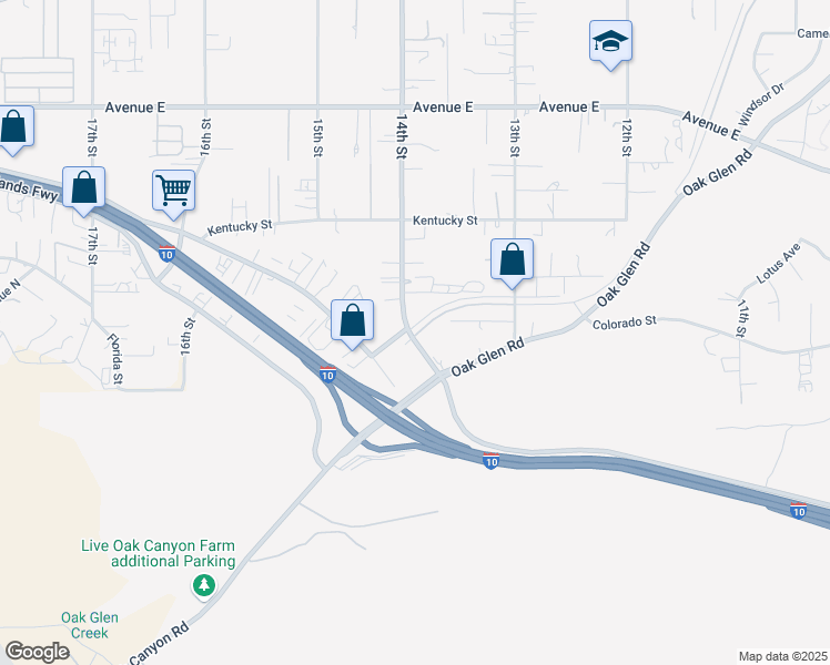 map of restaurants, bars, coffee shops, grocery stores, and more near 12915 14th Street in Yucaipa