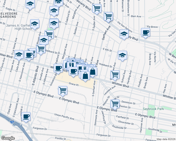 map of restaurants, bars, coffee shops, grocery stores, and more near 747 Williamson Avenue in East Los Angeles
