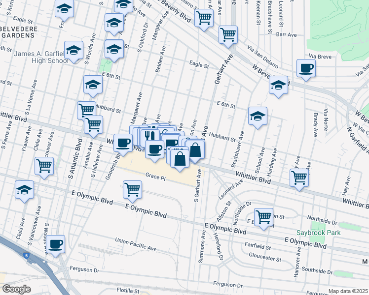 map of restaurants, bars, coffee shops, grocery stores, and more near 747 Williamson Avenue in East Los Angeles