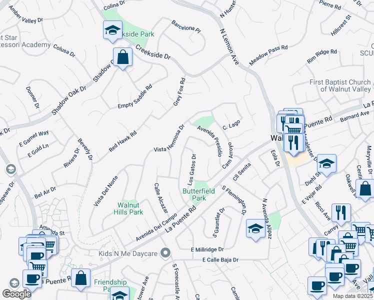 map of restaurants, bars, coffee shops, grocery stores, and more near 464 San Roque Drive in Walnut