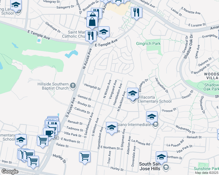 map of restaurants, bars, coffee shops, grocery stores, and more near 214 North Winton Avenue in La Puente