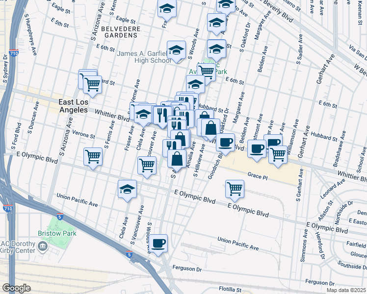 map of restaurants, bars, coffee shops, grocery stores, and more near 934 South Atlantic Boulevard in East Los Angeles