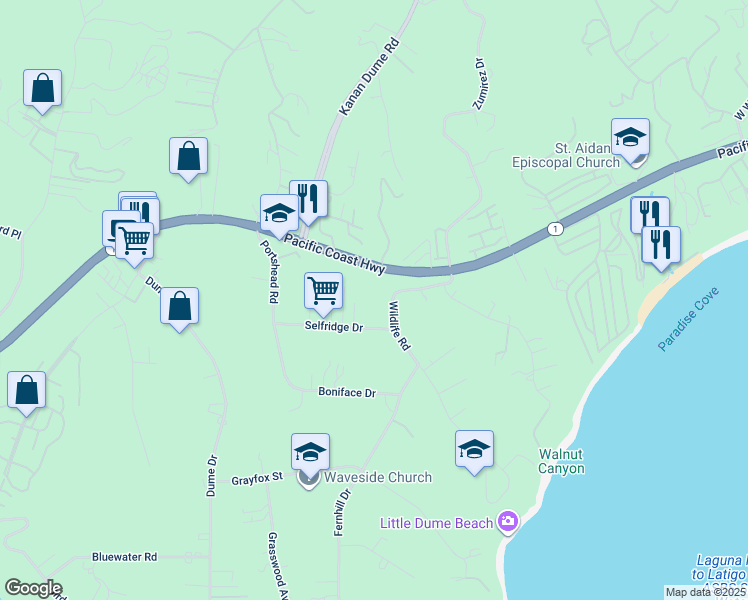 map of restaurants, bars, coffee shops, grocery stores, and more near 28837 Selfridge Drive in Malibu