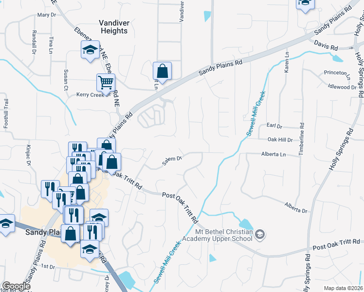 map of restaurants, bars, coffee shops, grocery stores, and more near 2824 Calico Court in Marietta