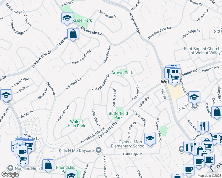 map of restaurants, bars, coffee shops, grocery stores, and more near 464 San Roque Drive in Walnut
