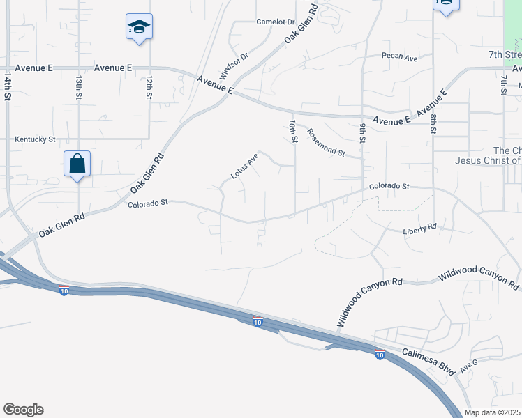 map of restaurants, bars, coffee shops, grocery stores, and more near 12908 Brooks Lane in Yucaipa