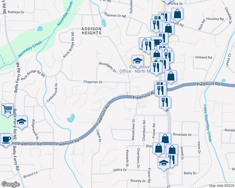 map of restaurants, bars, coffee shops, grocery stores, and more near 2815 Seagrave Way in Marietta