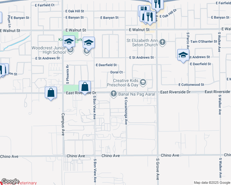 map of restaurants, bars, coffee shops, grocery stores, and more near 5640 East Riverside Drive in Ontario
