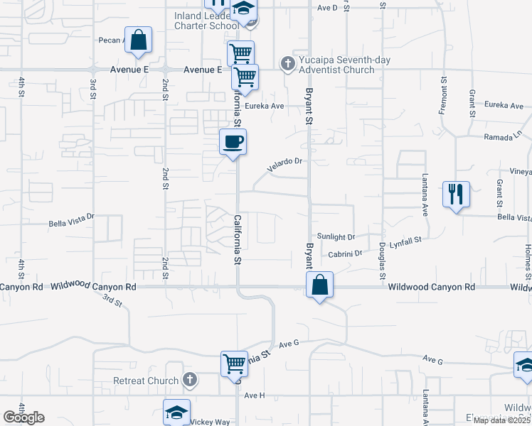 map of restaurants, bars, coffee shops, grocery stores, and more near Bella Vista Drive in Yucaipa