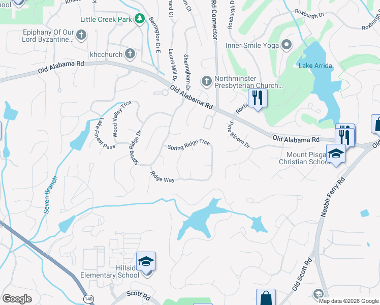 map of restaurants, bars, coffee shops, grocery stores, and more near 310 Susie Court in Roswell