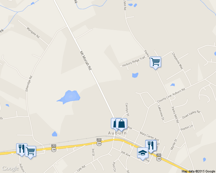 map of restaurants, bars, coffee shops, grocery stores, and more near 121 Mount Moriah Road in Auburn