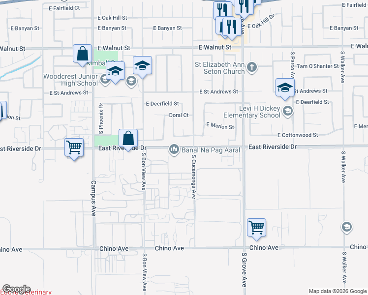 map of restaurants, bars, coffee shops, grocery stores, and more near 6648 East Riverside Drive in Ontario