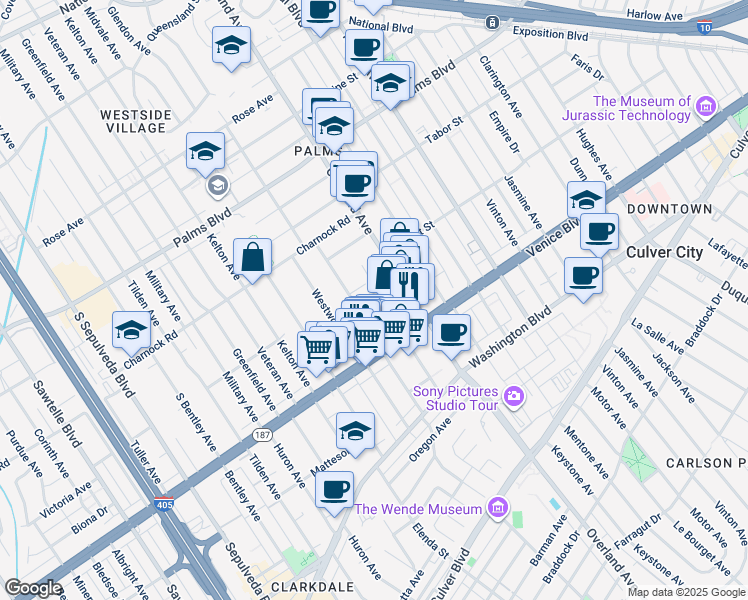 map of restaurants, bars, coffee shops, grocery stores, and more near 3727 Selby Avenue in Los Angeles