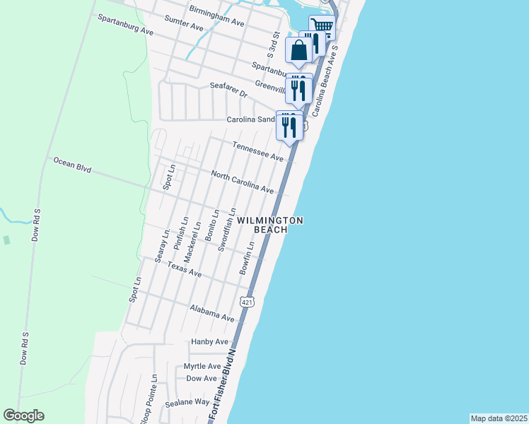 map of restaurants, bars, coffee shops, grocery stores, and more near 1309 Snapper Lane in Carolina Beach