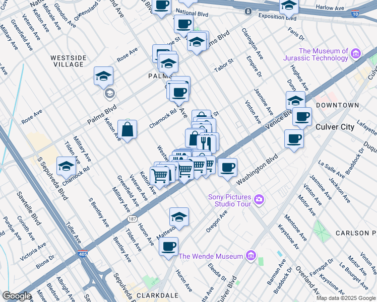 map of restaurants, bars, coffee shops, grocery stores, and more near 3727 Selby Avenue in Los Angeles