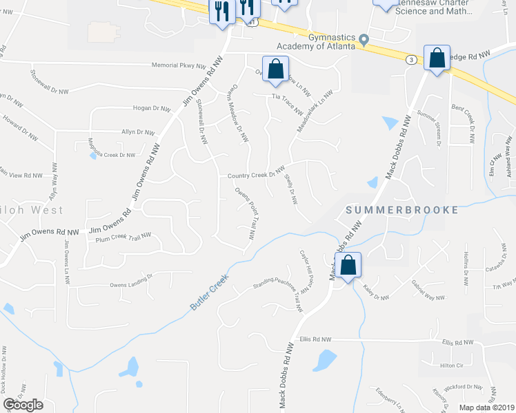 map of restaurants, bars, coffee shops, grocery stores, and more near 2936 Owens Point Trail Northwest in Kennesaw