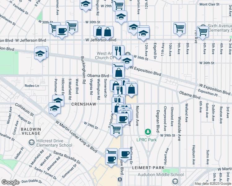 map of restaurants, bars, coffee shops, grocery stores, and more near 3697 South Victoria Avenue in Los Angeles