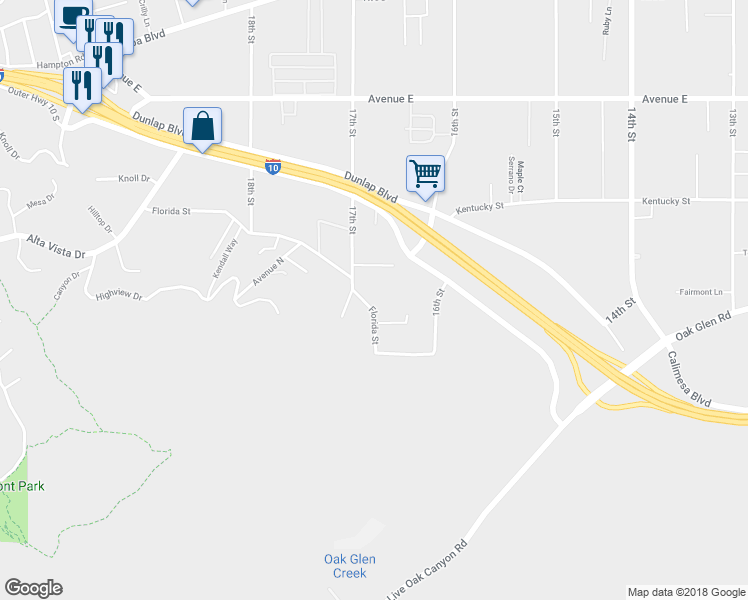 map of restaurants, bars, coffee shops, grocery stores, and more near 31950 Florida Street in Redlands