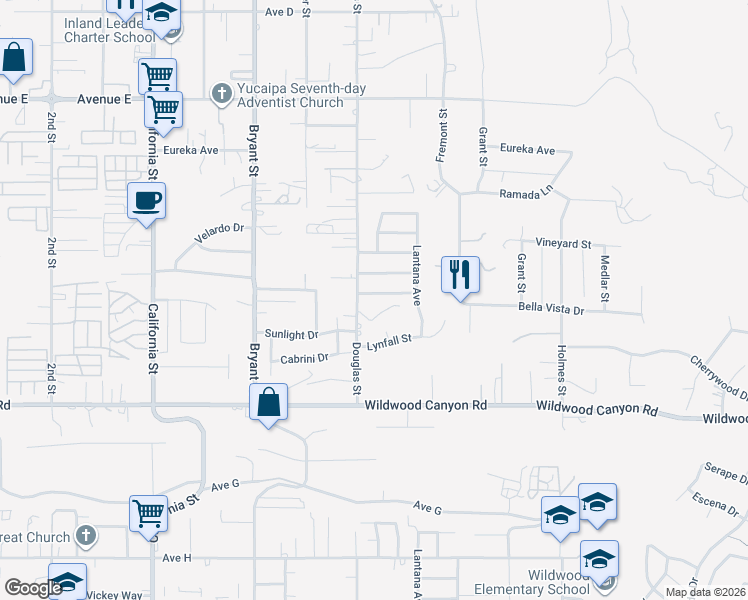map of restaurants, bars, coffee shops, grocery stores, and more near 35531 Bella Vista Drive in Yucaipa