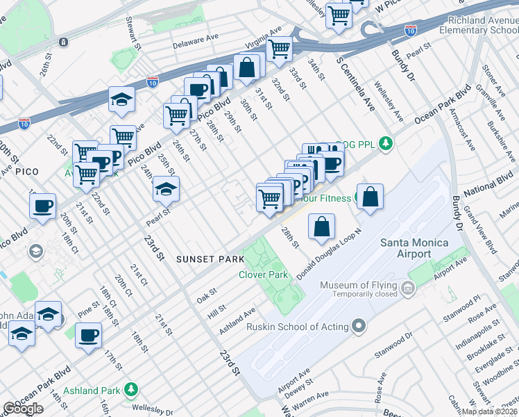 map of restaurants, bars, coffee shops, grocery stores, and more near 2615 28th Street in Santa Monica