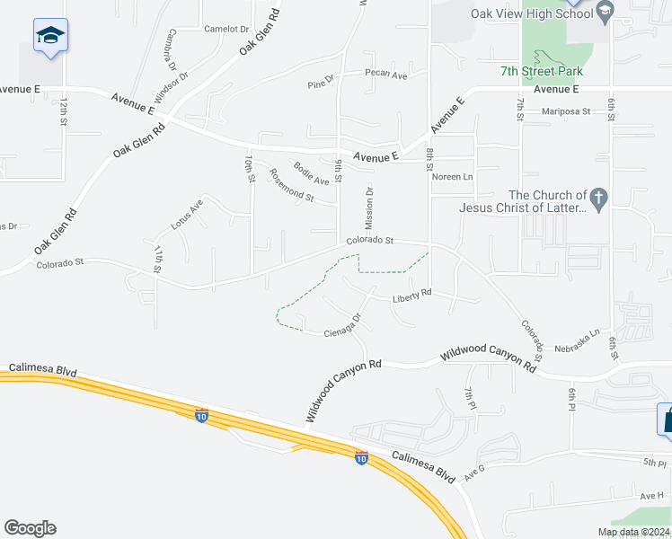 map of restaurants, bars, coffee shops, grocery stores, and more near 33504 Liberty Road in Yucaipa
