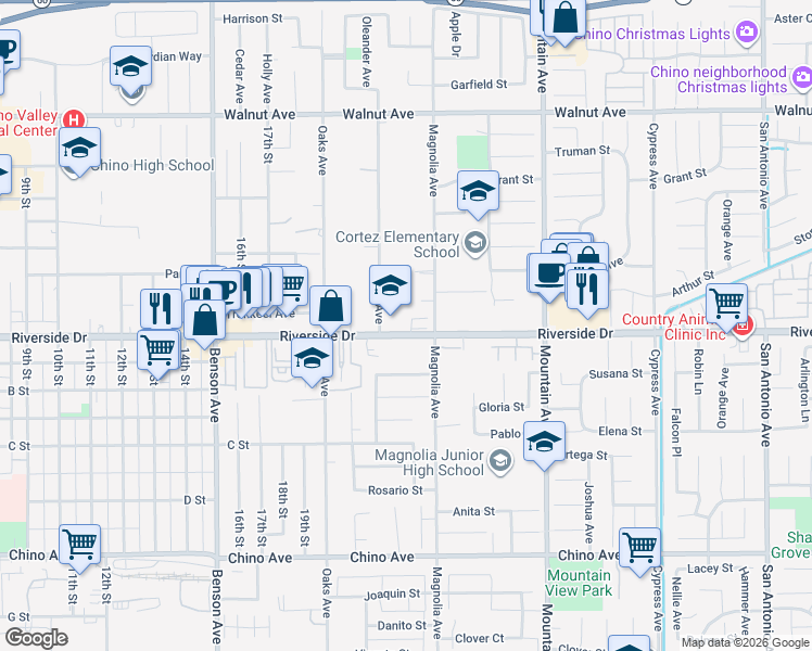 map of restaurants, bars, coffee shops, grocery stores, and more near 6040 Riverside Drive in Chino