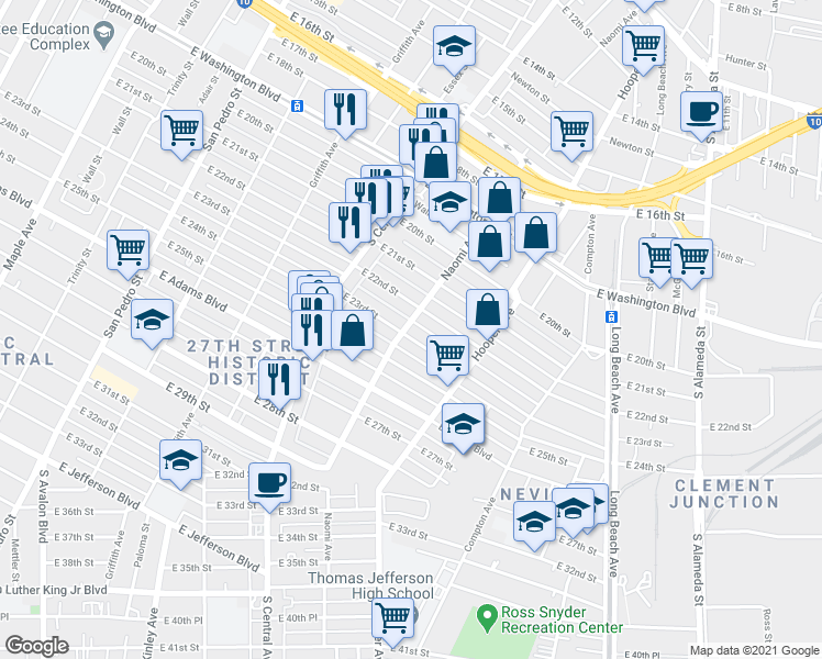 map of restaurants, bars, coffee shops, grocery stores, and more near 2211 Naomi Avenue in Los Angeles