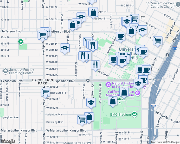 map of restaurants, bars, coffee shops, grocery stores, and more near in Los Angeles