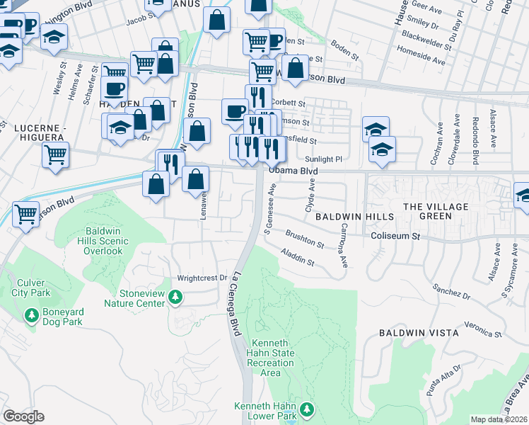 map of restaurants, bars, coffee shops, grocery stores, and more near 3709 South Genesee Avenue in Los Angeles