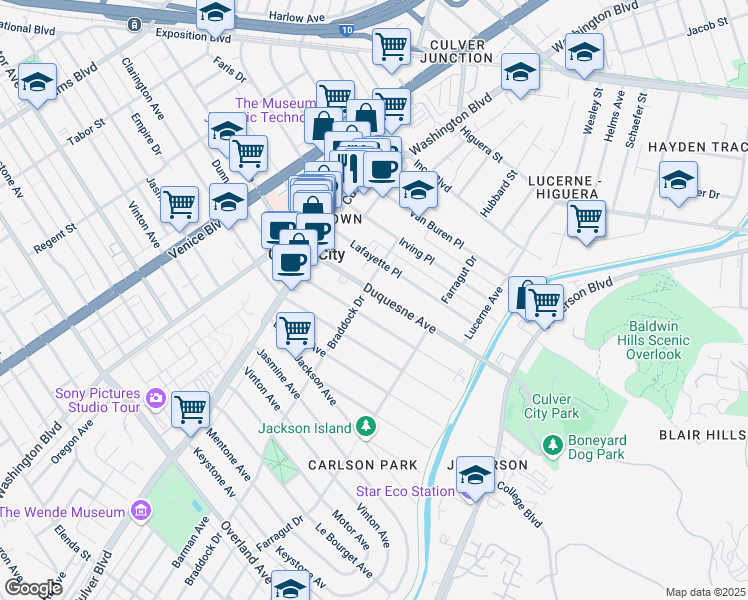 map of restaurants, bars, coffee shops, grocery stores, and more near 4112 Duquesne Avenue in Culver City