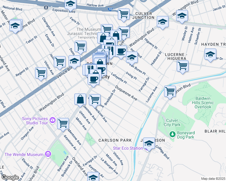 map of restaurants, bars, coffee shops, grocery stores, and more near 4059 Duquesne Avenue in Culver City