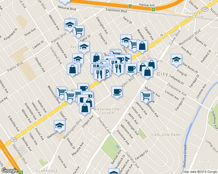 map of restaurants, bars, coffee shops, grocery stores, and more near 3836 Goldwyn Terrace in Culver City