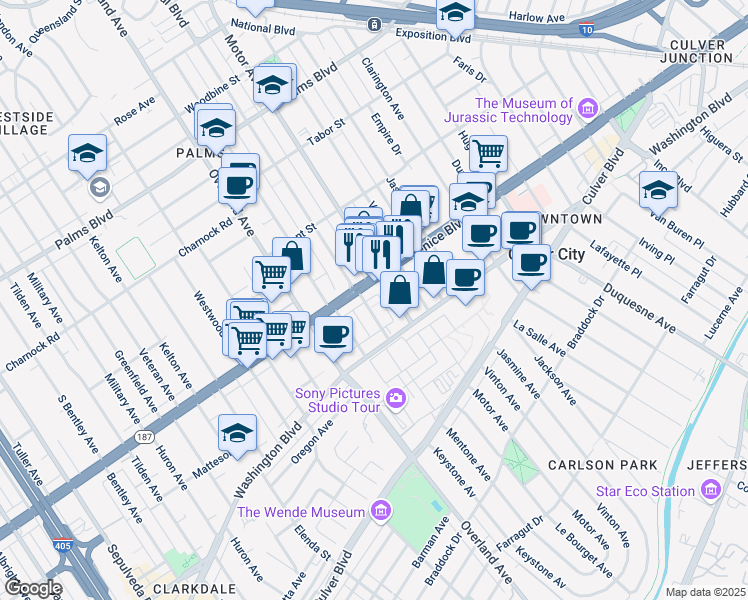 map of restaurants, bars, coffee shops, grocery stores, and more near 10410 Venice Boulevard in Culver City