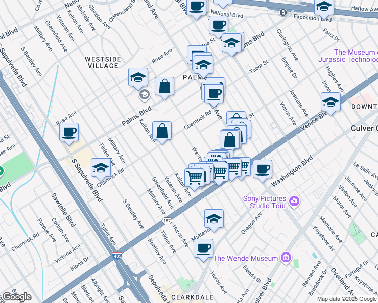 map of restaurants, bars, coffee shops, grocery stores, and more near 3655 Westwood Boulevard in Los Angeles