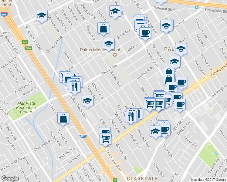 map of restaurants, bars, coffee shops, grocery stores, and more near in Los Angeles