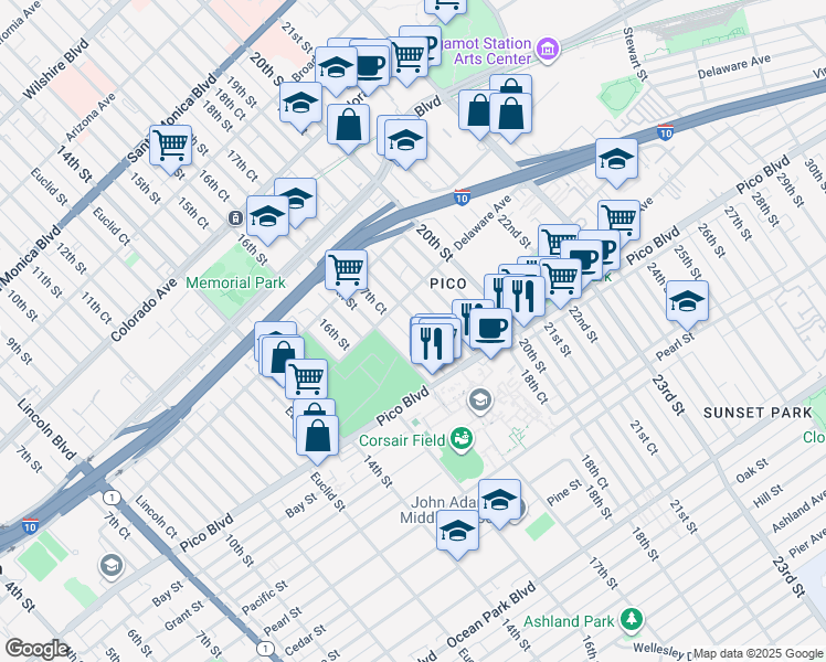 map of restaurants, bars, coffee shops, grocery stores, and more near 1933 18th Street in Santa Monica