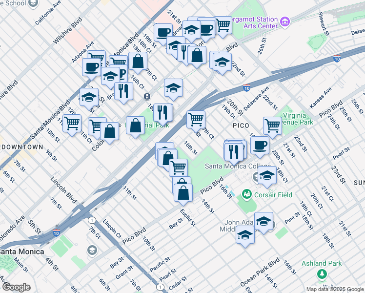 map of restaurants, bars, coffee shops, grocery stores, and more near 1529 Michigan Avenue in Santa Monica