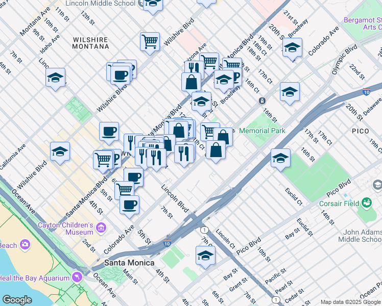 map of restaurants, bars, coffee shops, grocery stores, and more near 1521 11th Street in Santa Monica