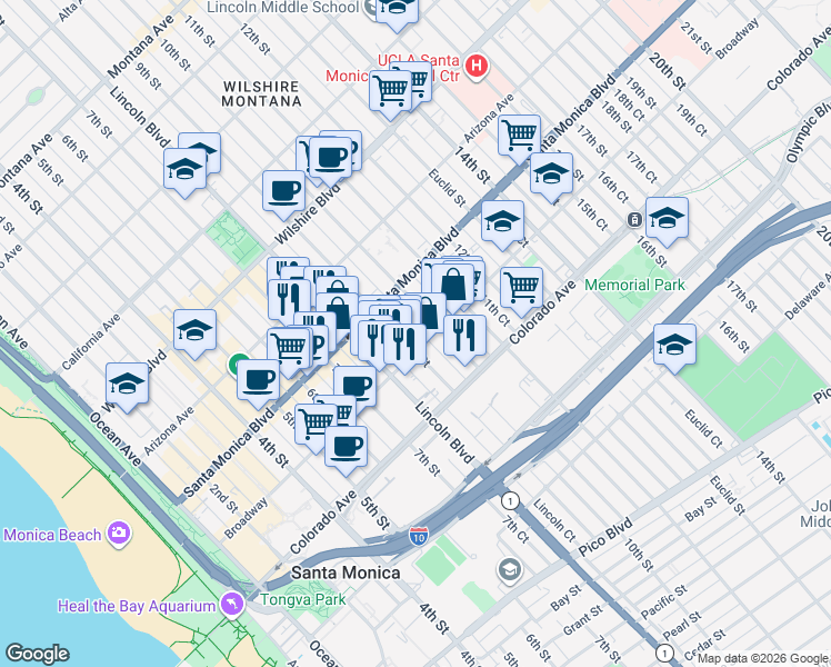 map of restaurants, bars, coffee shops, grocery stores, and more near 1445 9th Street in Santa Monica