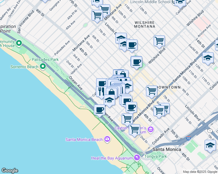 map of restaurants, bars, coffee shops, grocery stores, and more near in Santa Monica