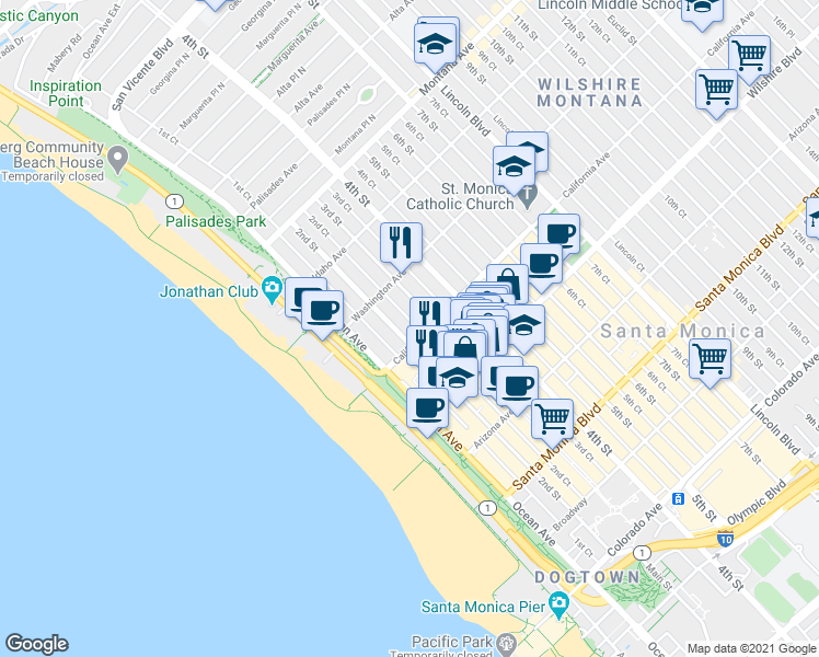 map of restaurants, bars, coffee shops, grocery stores, and more near 1044 3rd Street in Santa Monica
